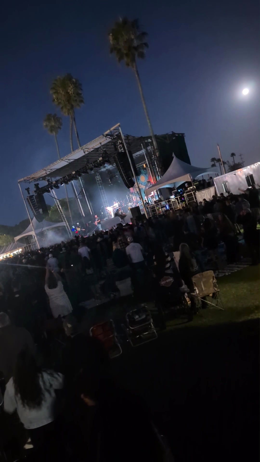 Outdoor concert venue beneath moonlight and palm trees