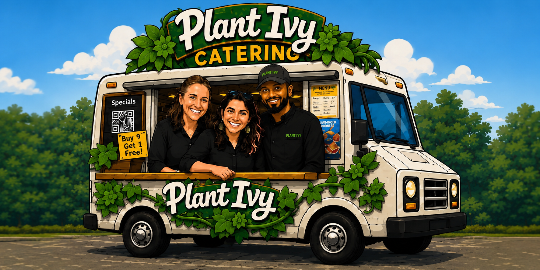 Illustrated Plant Ivy catering food truck and team